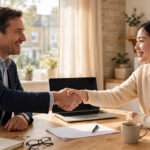 UK small business owner shaking hands with a new employee in a bright office