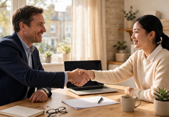 UK small business owner shaking hands with a new employee in a bright office