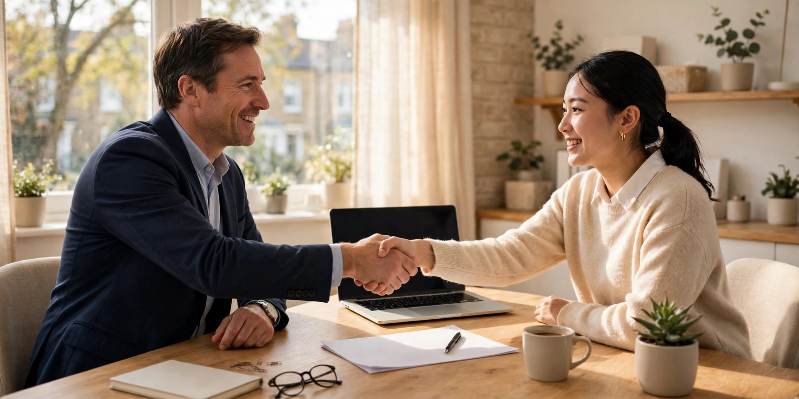 UK small business owner shaking hands with a new employee in a bright office